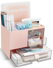 UCRAVO Pink Desk Organizer with Drawers for Office, Study Table, Home Multi-Functional Table Organizer for Stationery, Pens, Markers, Sticky Notes, Files Desktop Storage Box for Students & Office Use