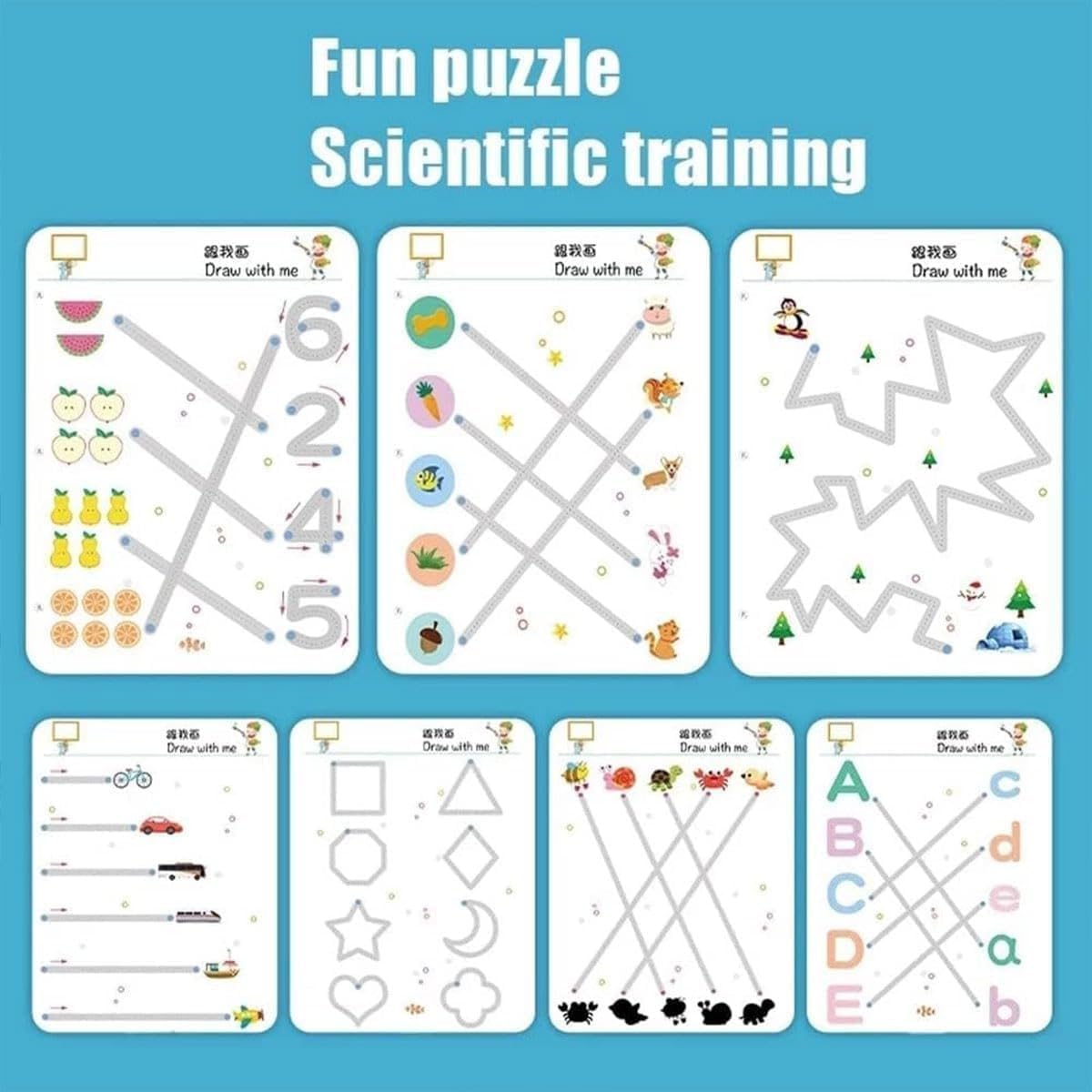UCRAVO Kids Connecting Dots Handwriting Practice Workbook Set | Montessori Alphabet Writing Book | Number Tracing, ABC Learning, Mindfulness Activity Kit with Pens & Eraser | Reusable Practice Sheets