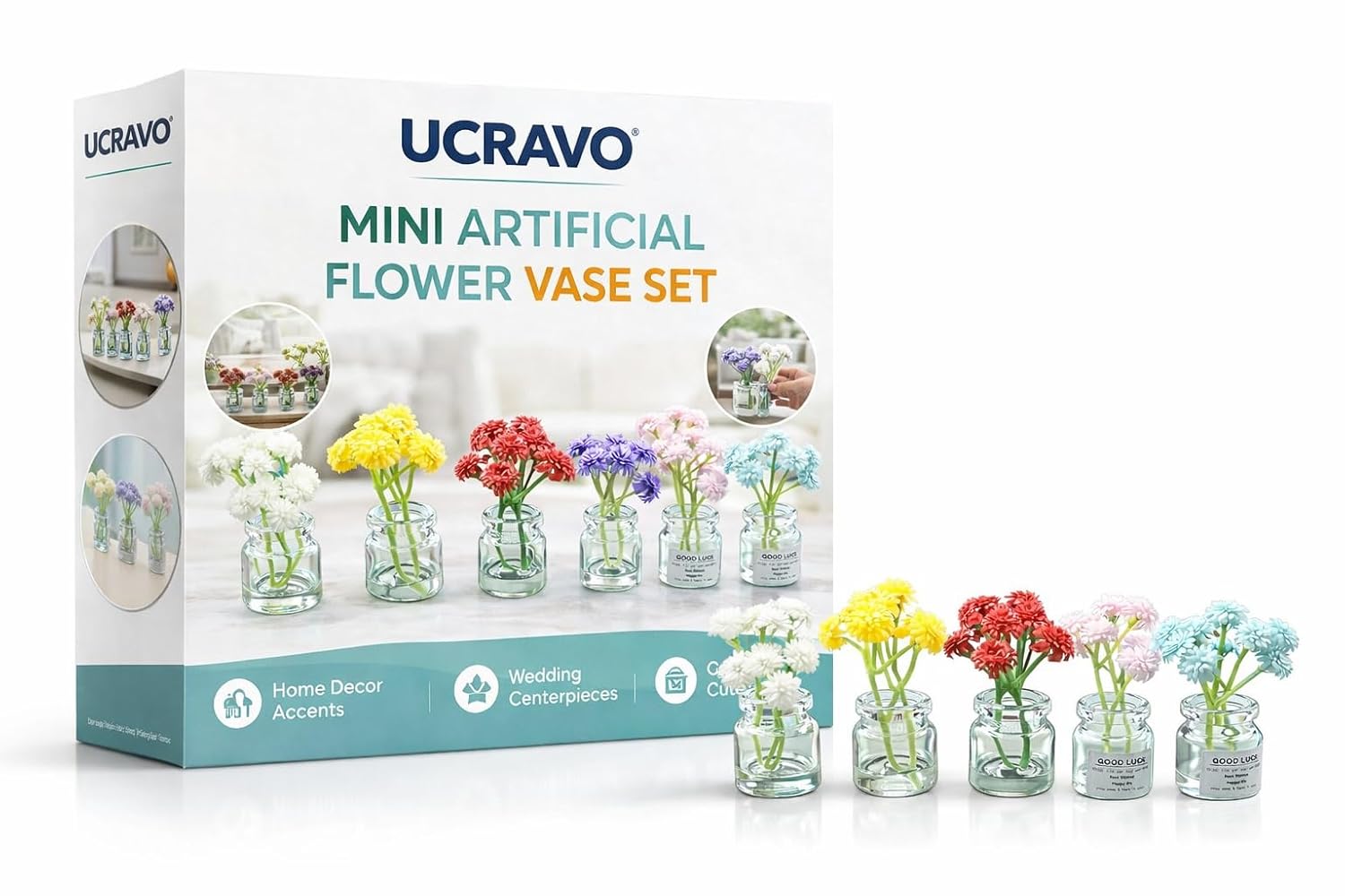 UCRAVO Mini Artificial Flower Vase Set of 6 – Small Glass Bud Vases with Faux Flowers – Decorative Clear Bottle Vases for Living Room, Bedroom, Office Desk, Coffee Table, Rustic Farmhouse Home Decor (pack of 6)