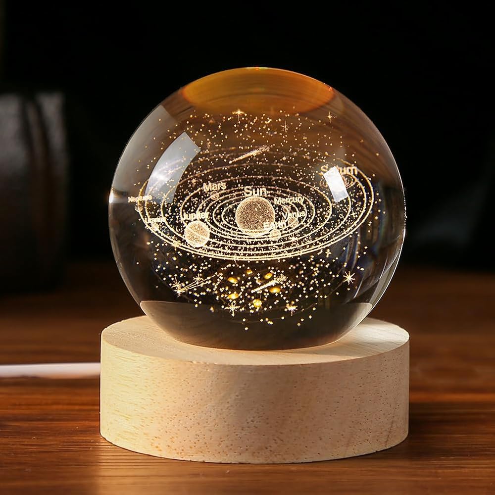 UCRAVO 3D Galaxy Crystal Ball with Wooden Base, 3D Crystal Ball Solar System, Planet Engraved Glass Ball Cosmic Model, Luminous Crystal Ball for Christmas Nightlight Astronomy Gifts for Kids Birthday