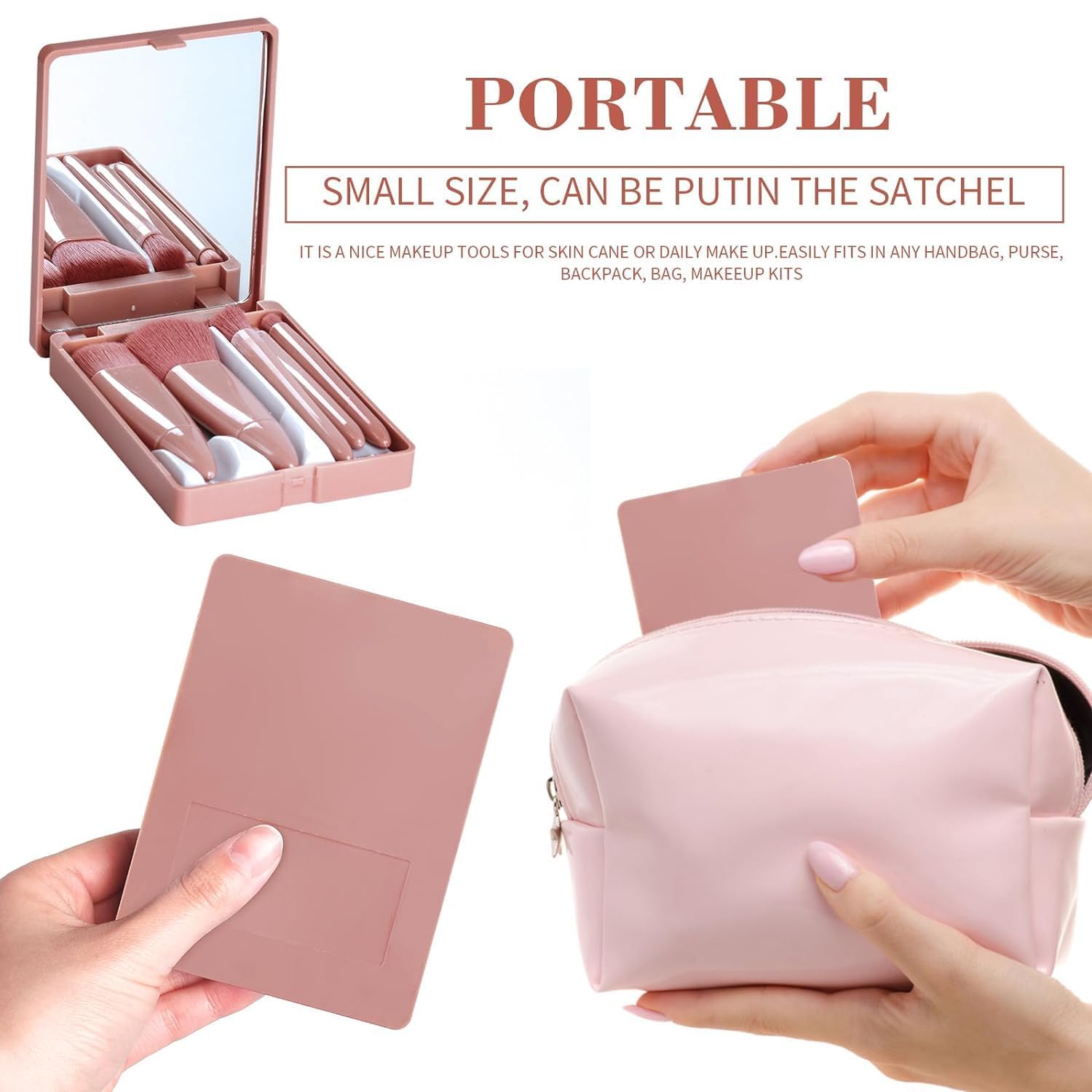 UCRAVO 5-in-1 Small Mini Makeup Brush Kit with Mirror – Compact Travel Cosmetic Set for Face, Eyeshadow, Blush, Powder & Lip Application – Portable Makeup Brush Kit for Women, Teens & Beginners