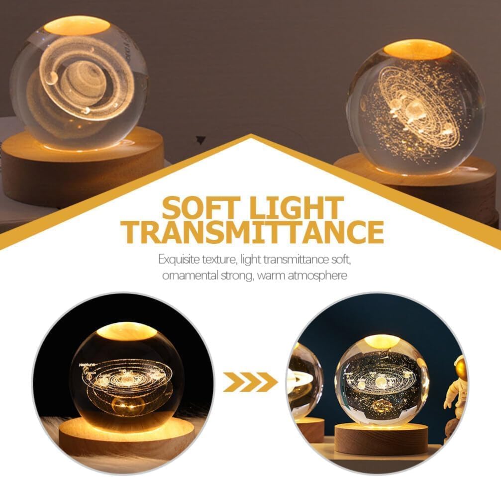 UCRAVO 3D Galaxy Crystal Ball with Wooden Base, 3D Crystal Ball Solar System, Planet Engraved Glass Ball Cosmic Model, Luminous Crystal Ball for Christmas Nightlight Astronomy Gifts for Kids Birthday