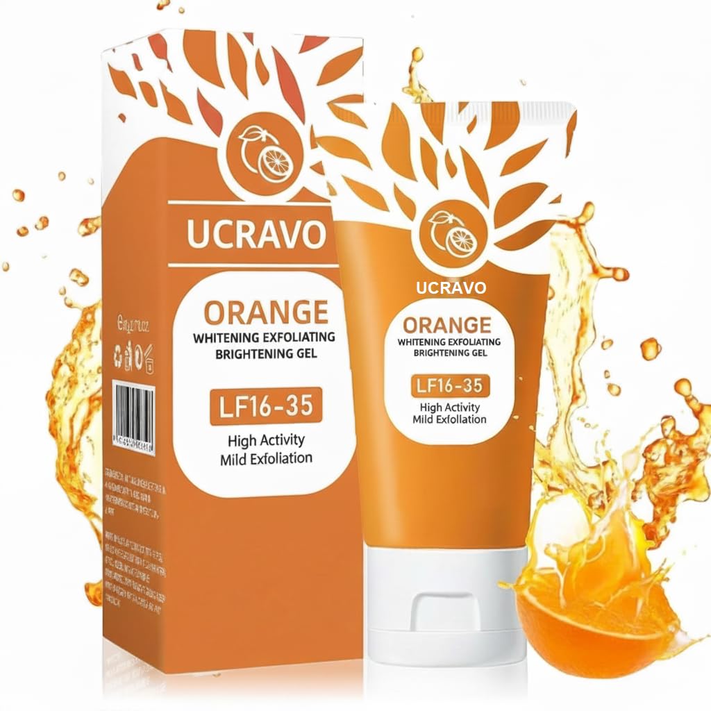 UCRAVO Orange Whitening Exfoliating Brightening Gel Vitamin C Dead Skin Removal Gels | Tan Removal Face & Body Exfoliator | Dark Spot Pigmentation Removal | Mild Peeling Gel for Glowing Skin Men Women