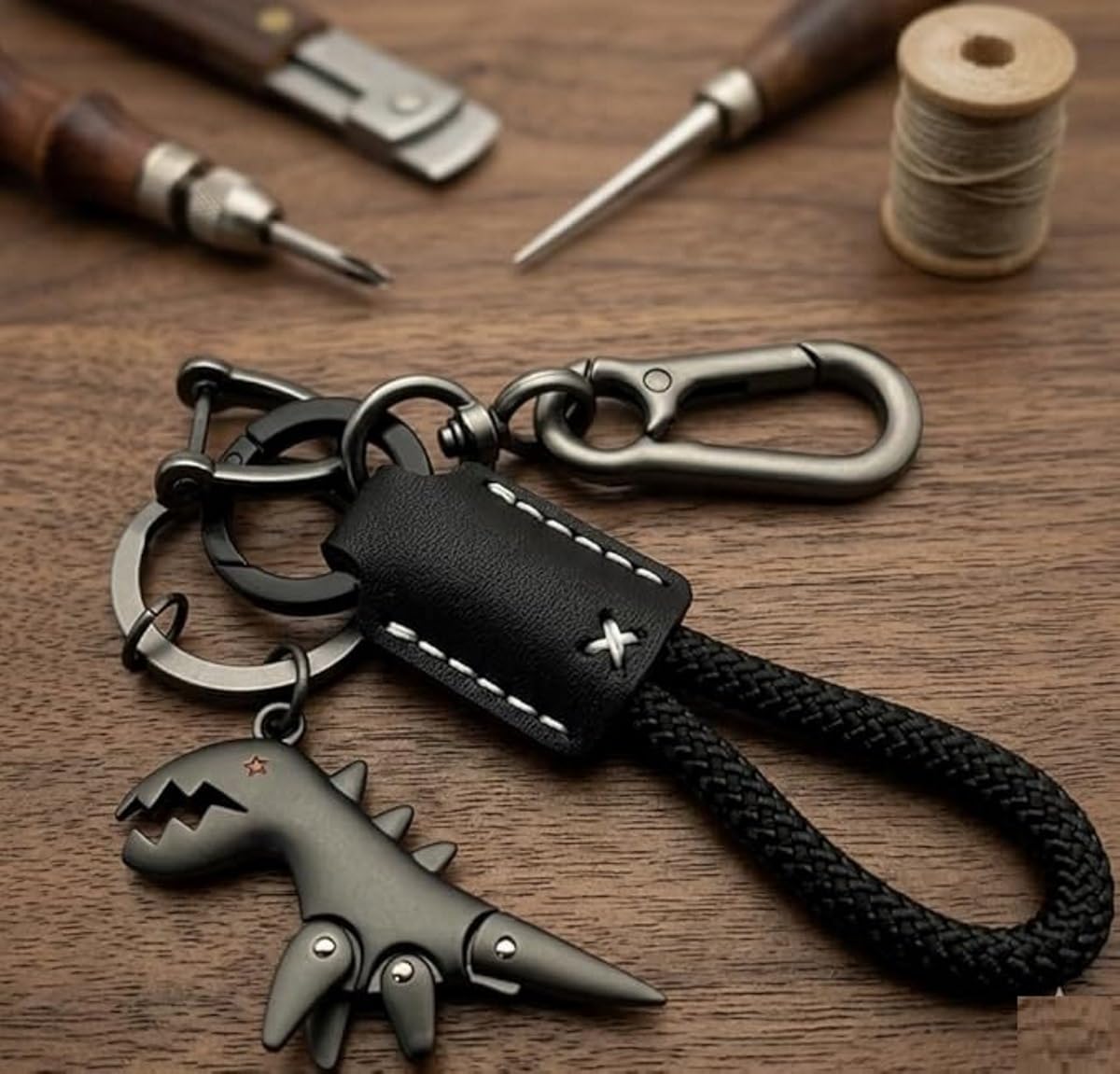 UCRAVO Metal Keychain for Men & Women – Dinosaur Keyring with a Hand-Woven Bracelet,Carabiner Clip & Braided Strap Heavy Duty Key Holder for Car,Bike,Office & Travel Stylish Key Chain Accessory Gift