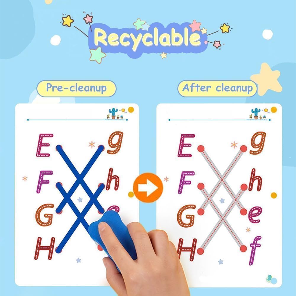 UCRAVO Kids Connecting Dots Handwriting Practice Workbook Set | Montessori Alphabet Writing Book | Number Tracing, ABC Learning, Mindfulness Activity Kit with Pens & Eraser | Reusable Practice Sheets