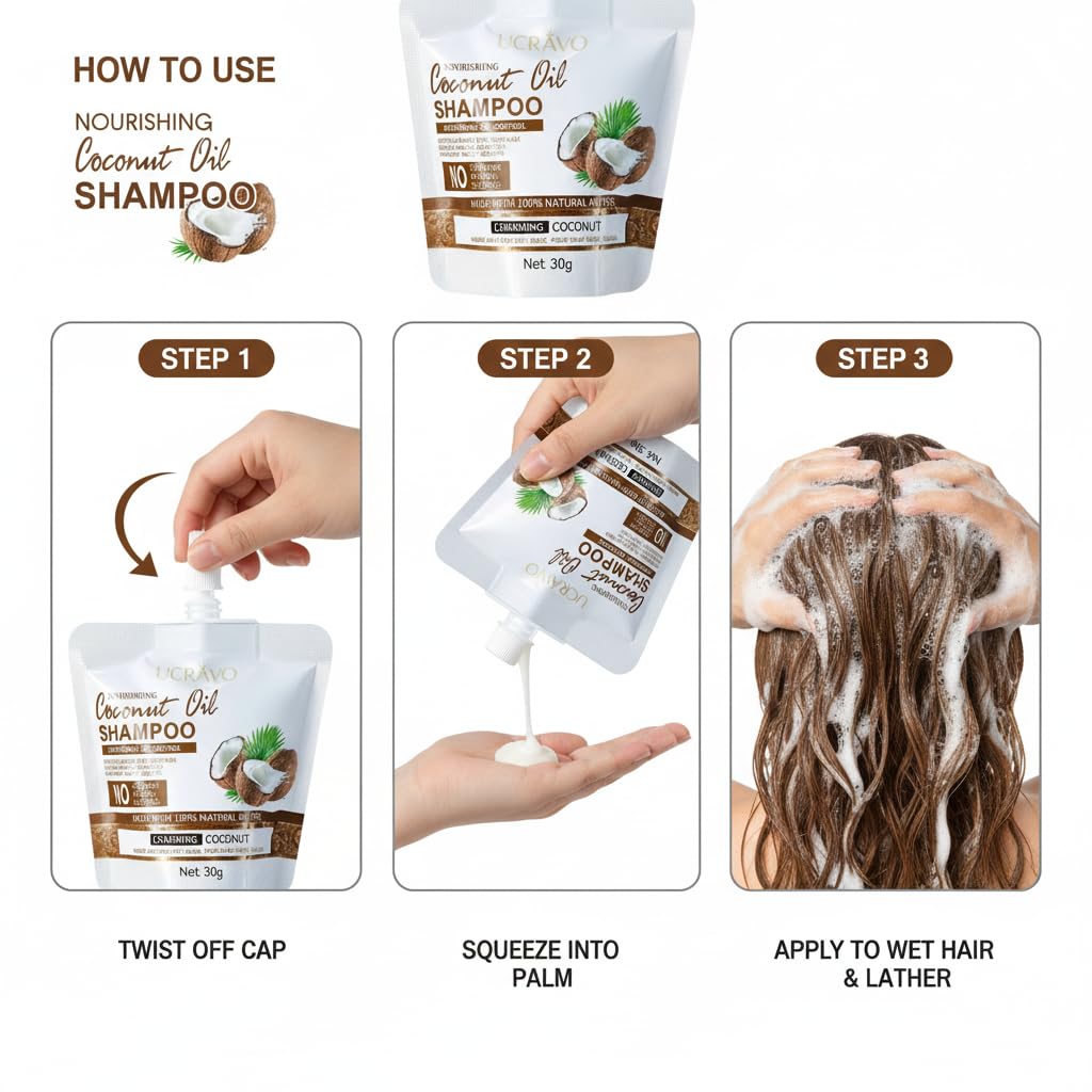 UCRAVO 2 Pack Nourishing Coconut Oil Shampoo 60g - Anti Dandruff Hair Care Product | Scalp Repair & Flake Removal | Strengthening Moisturizing Shampoo for Dry & Damaged Hair | Travel Friendly Bags