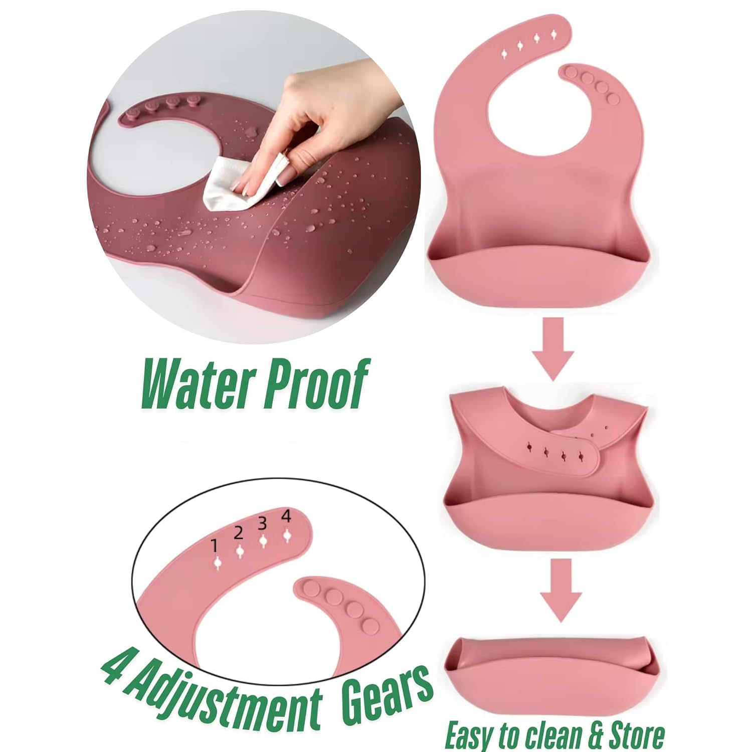UCRAVO Pink Silicone Baby Feeding Bib with Extra Wide Food Catcher Pocket – 100% Waterproof, BPA-Free & Non-Toxic Soft Toddler Bib – Adjustable Neck Snap Buttons for Infants & Toddlers 6-36 Months
