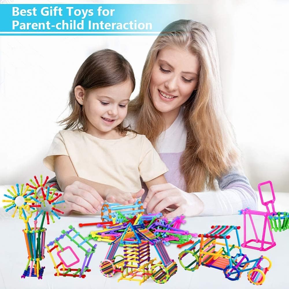 UCRAVO 100 pcs Building Sticks Connect Stick Blocks Creative Educational Toys Plastic Make Different Shapes by Children and Parents Toy Game Set for 3-8 Years Old Kids Boys & Girls-Multi Color