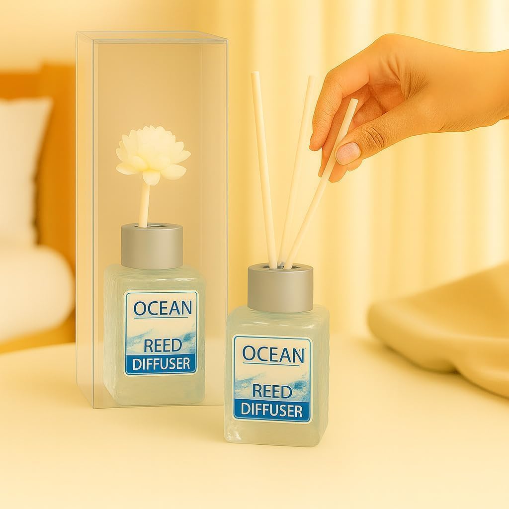 UCRAVO Lemon & Ocean Fragrance Reed Diffuser Set Fresh Citrus & Marine Aroma Combo with Decorative Flower Reeds | Long Lasting Room Freshener for Bedroom,Living Area,Bathroom,Office & Spa (Pack of 2)