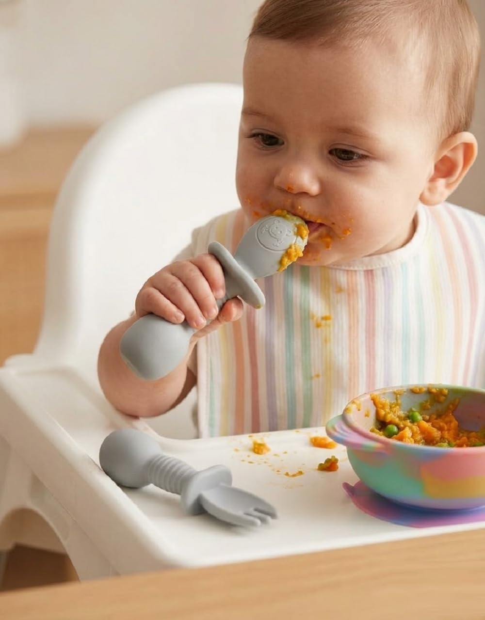 UCRAVO Silicone Baby Spoon Fork Set for Self Feeding | BPA Free Baby Training Utensils | Anti Choke Guard Baby Feeding Spoon & Fork | Baby Led Weaning Utensils for Infants Toddlers Kids (Grey)