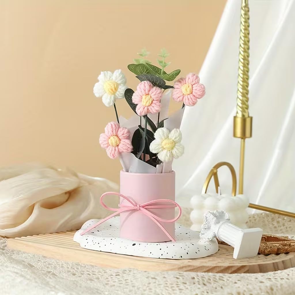 UCRAVO Artificial Flower Pot for Home Decor Premium Faux Flower Arrangement with Decorative Pot & Ribbon Tabletop Flower Vase for Living Room,Bedroom,Office,Gift for Birthday,Anniversary,Housewarming