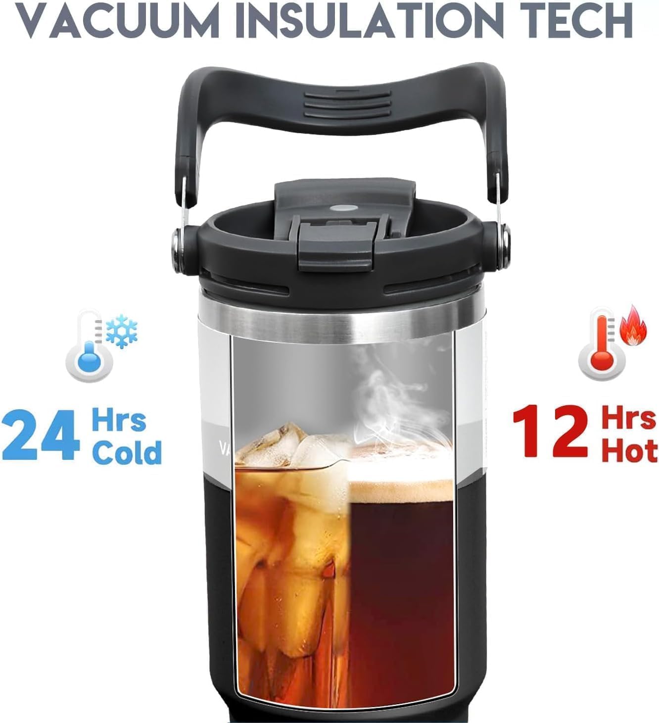 UCRAVO 900 ML Tumbler with Handle and Straw Lid Double Insulated Cup, vacuume Insulated Stainless Steel Tumblers for Hot & Cold Drink 100% Leakproof Tumbler with Handle for Gym,Travel (Black)