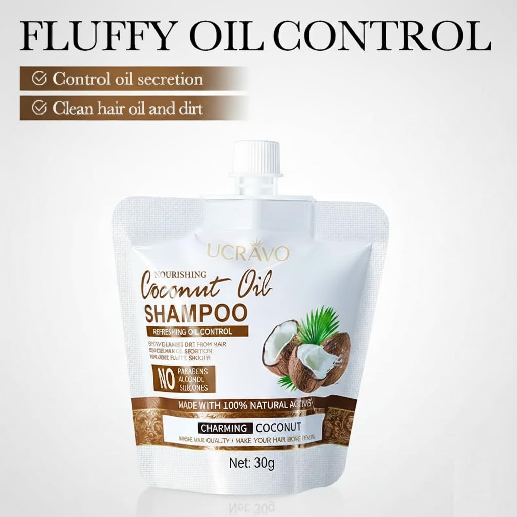 UCRAVO 2 Pack Nourishing Coconut Oil Shampoo 60g - Anti Dandruff Hair Care Product | Scalp Repair & Flake Removal | Strengthening Moisturizing Shampoo for Dry & Damaged Hair | Travel Friendly Bags