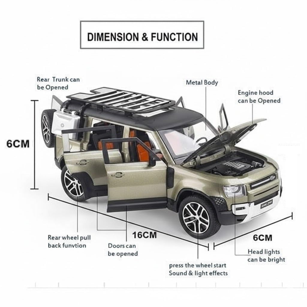 UCRAVO 1:32 Scale Range Rover Defender Alloy Metal Die Cast Car | Pull Back Toy Vehicle with Light & Music Openable Doors Premium Miniature Model Car Collectible Metal Toy Gift for Children & Adults