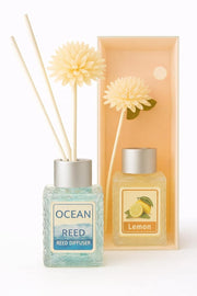 UCRAVO Lemon & Ocean Fragrance Reed Diffuser Set Fresh Citrus & Marine Aroma Combo with Decorative Flower Reeds | Long Lasting Room Freshener for Bedroom,Living Area,Bathroom,Office & Spa (Pack of 2)