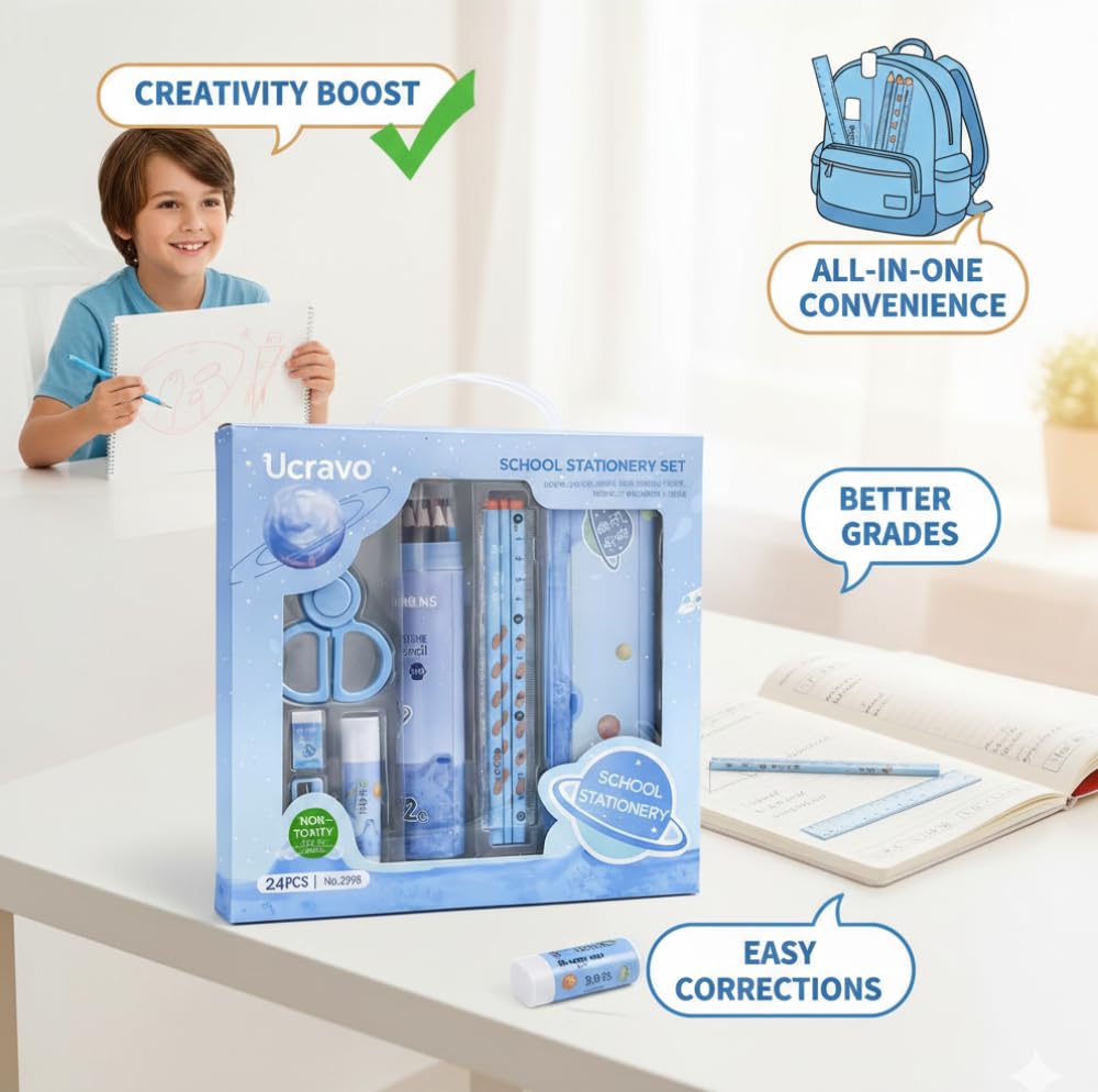UCRAVO 24 PCS Stationery Gift Set for Kids, Student School Supplies Box Kit with Pencil,Eraser, Sharpener,Scale,Scissors, Ruler & Pencil Case Cute Stationary Combo Set for Boys Girls Study Essentials
