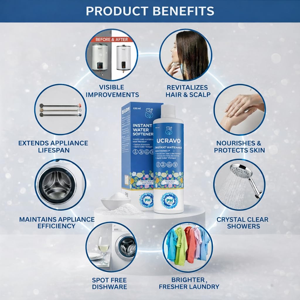 UCRAVO Instant Water Softener for Hard Water Shower Hair &Skin Friendly pH Balanced Formula with Sodium Gluconate & Apple Cider Vinegar Reduces Hair Fall,Dandruff,Dry Skin & Itching Skin & Hair Types