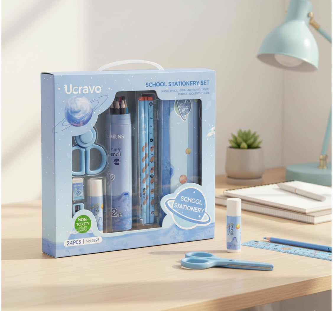 UCRAVO 24 PCS Stationery Gift Set for Kids, Student School Supplies Box Kit with Pencil,Eraser, Sharpener,Scale,Scissors, Ruler & Pencil Case Cute Stationary Combo Set for Boys Girls Study Essentials