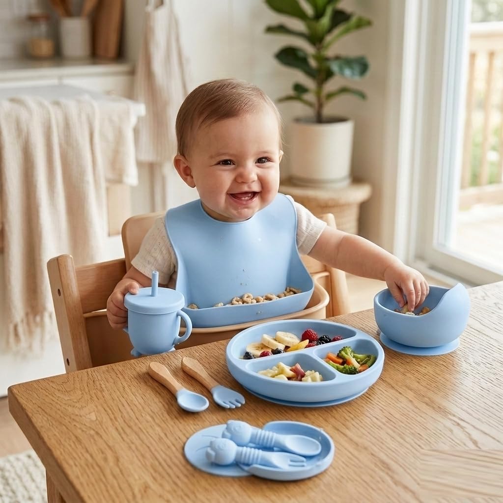 UCRAVO Blue Baby Feeding Set – Silicone Baby Led Weaning Feeding Kit with Adjustable Baby Bib,Suction Plate Divider,Suction Bowl,Straw Training Cup,Baby Spoon Fork Utensils,Self Feeding Tableware Set