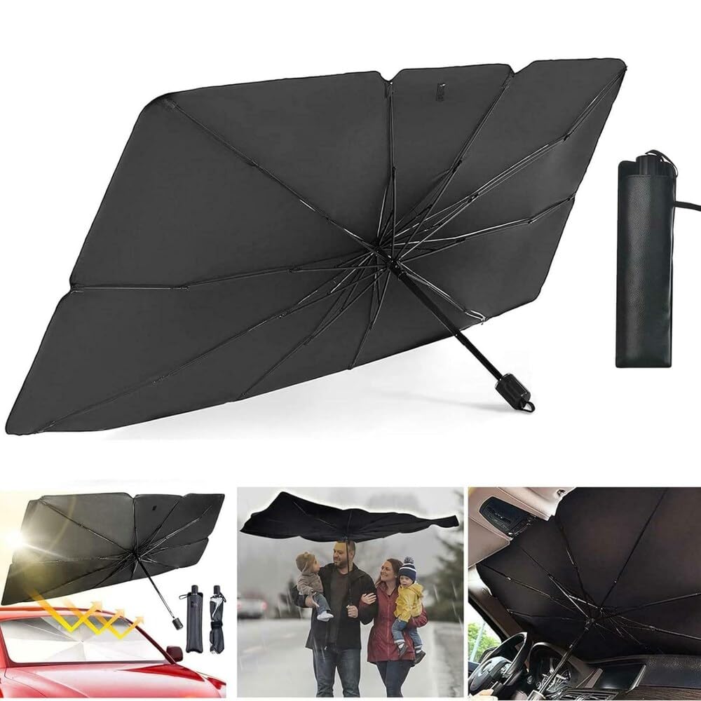 UCRAVO Car Windshield Sun Shade Umbrella, Foldable Windshield Sunshade Front Cover with UV Block, 360°Rotation Bendable Front Window Heat Insulation Protection for Auto Windshield Covers