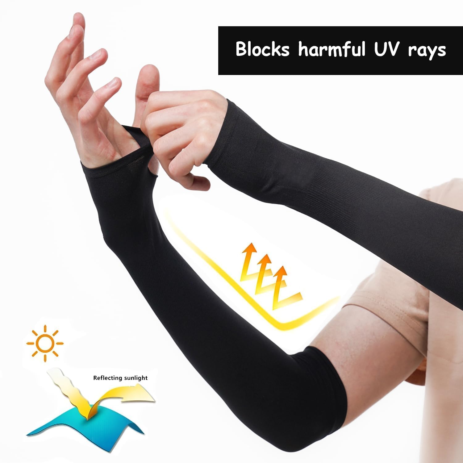 UCRAVO Sun Protection Arm Sleeves for Men & Women with Thumb Hole, Arm Covers for Biking,Gym Workout,Driving & Outdoor Activities,Elastic Breathable Sports Sleeves for All-Day Comfort (Black, 1 Pair)