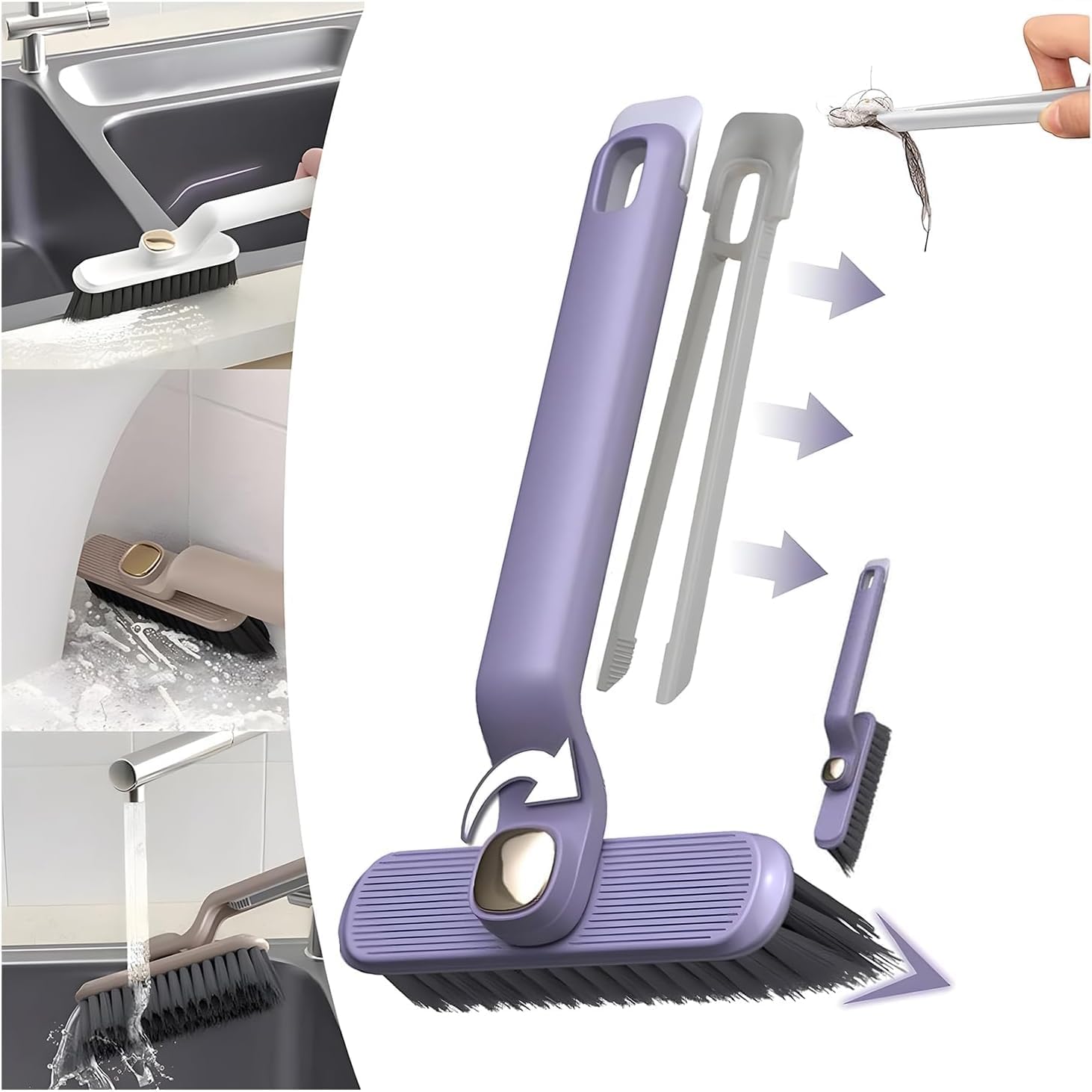 UCRAVO Multi-Function Rotating Grout Crevice Cleaning Brush, Hard-Bristle Crevice Gap Cleaning Brush, Baseboard Cleaner Tool with Handle 360 Degree No Dead Corners Kitchen Gadgets, with Hook