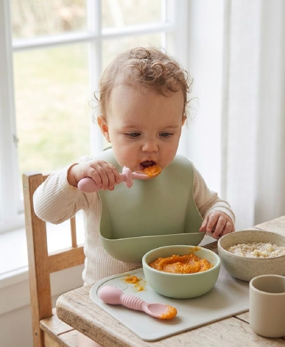UCRAVO Baby Self Feeding Spoon and Fork Set for Toddlers Silicone Training Spoon Fork Set Anti Choke Guard Self Feeding Utensils for Babies Soft Toddler Learning Spoon Baby Led Weaning Spoon Set Pink