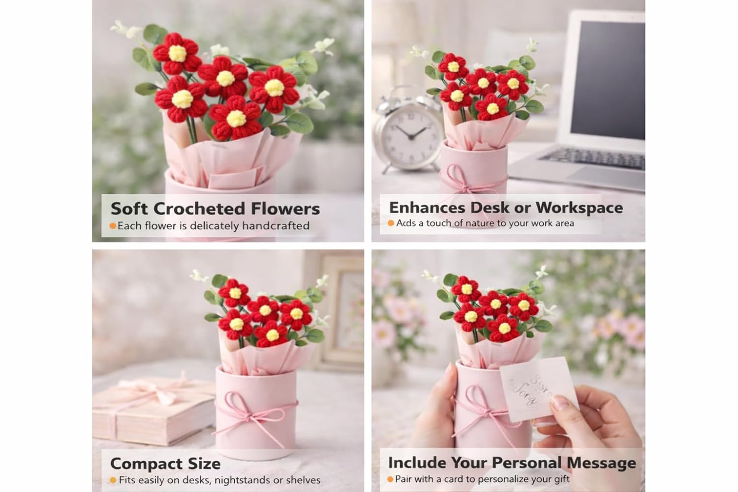 UCRAVO Crochet Flower Bouquet Handmade Knitted Artificial Flowers Cute Yarn Flower Mini Bouquet Gift Box,Aesthetic Romantic Gift for Girlfriend Wife Mom,Forever Flower Decoration for Desk Home Office