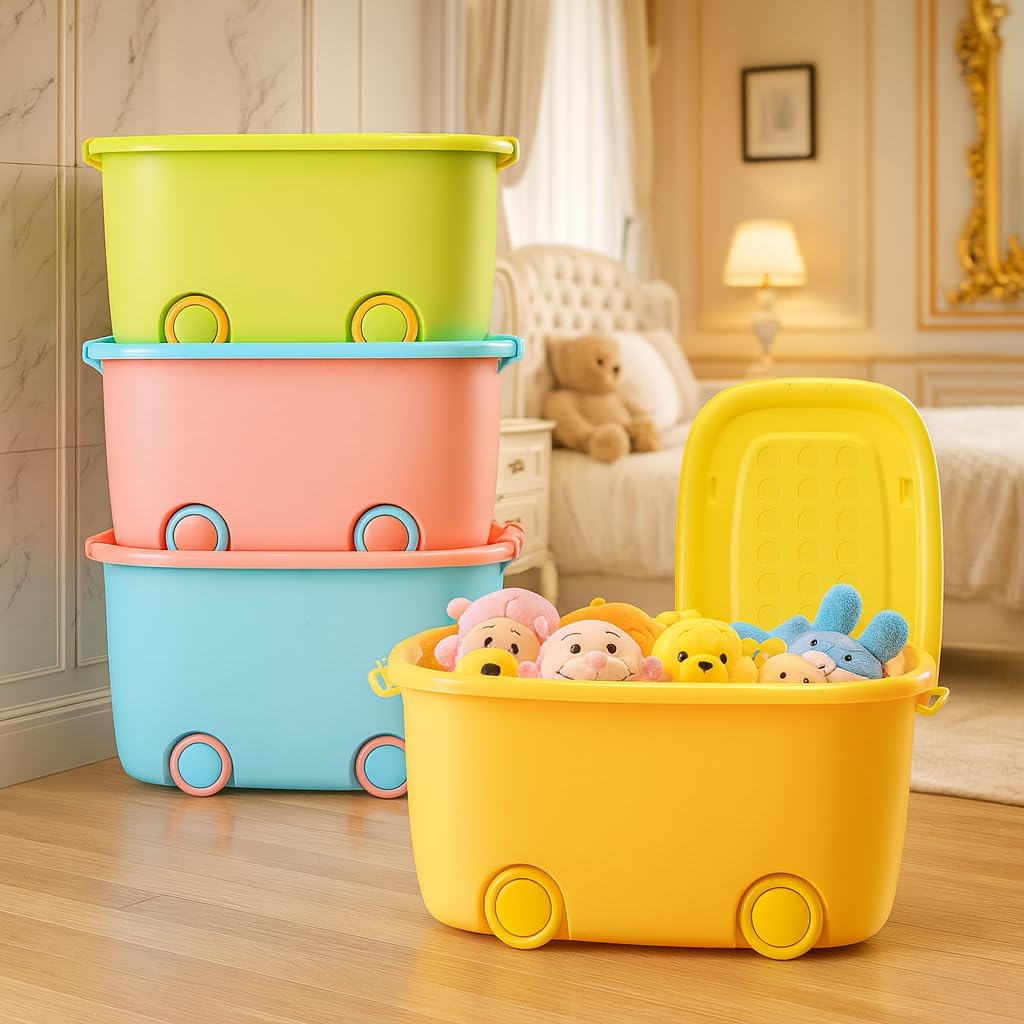 UCRAVO 45L Rolling Toy Storage Box with Wheels & Lid – Large Kids Storage Organizer, Stackable Plastic Storage Bin, Multi-Purpose Toy Container for Bedroom, Playroom & Home Organization