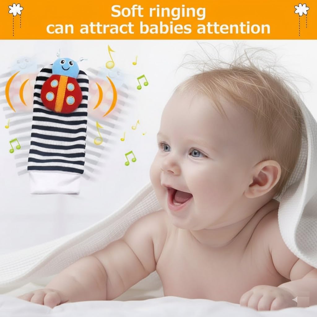 UCRAVO Baby Wrist Rattle Socks & Foot Finder Set for Newborn Boys & Girls, High Contrast Black and White Infant Sensory Toys 0-12 Months, Soft Montessori Developmental Toy, Tummy Time Activity Gift