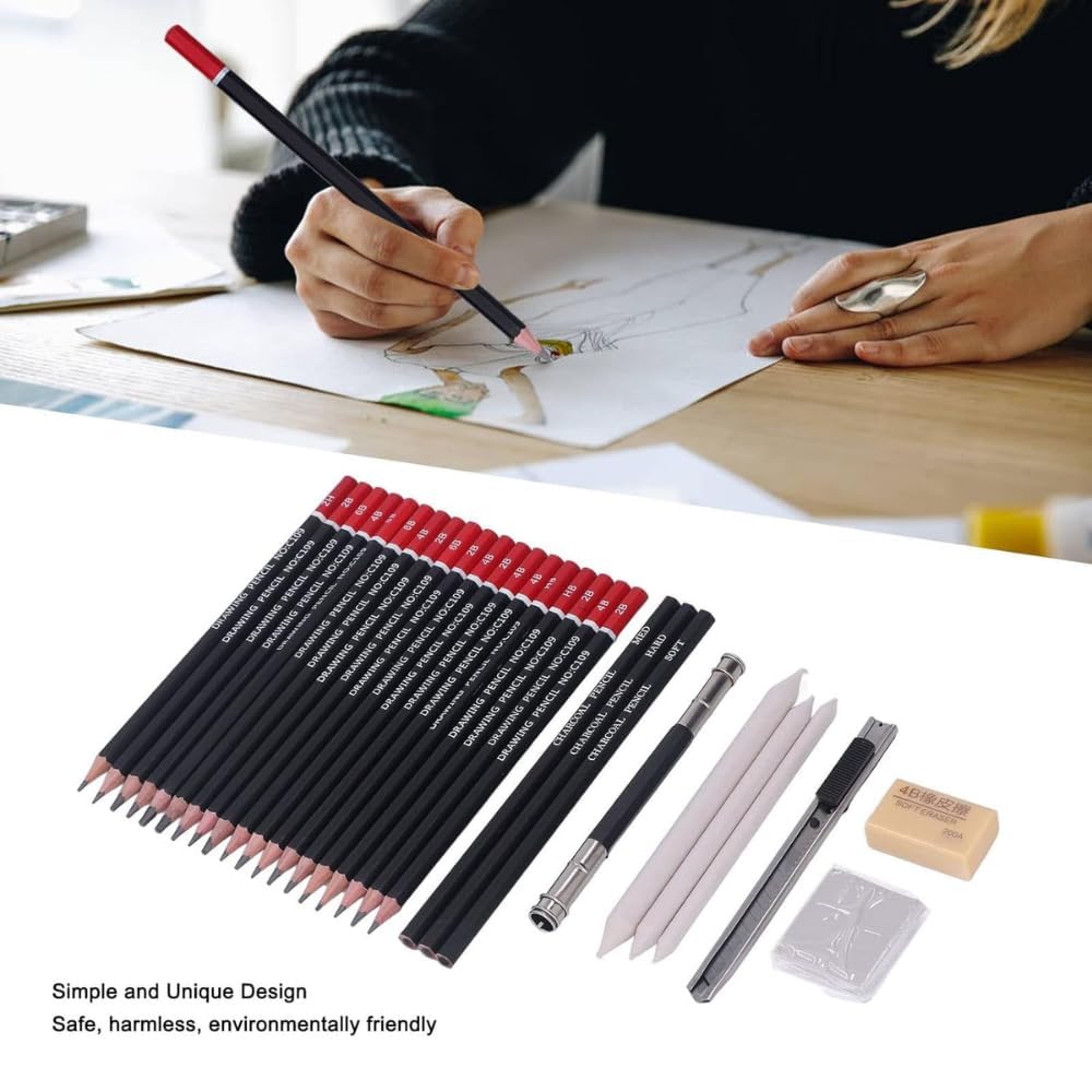 UCRAVO Professional Sketching & Drawing Pencil Set 30 Pcs Artist Kit with Graphite Shading Pencils,Charcoal, Blending Tools, Eraser & Sharpener Metal Box Art Supplies for Adults, Beginners, Students