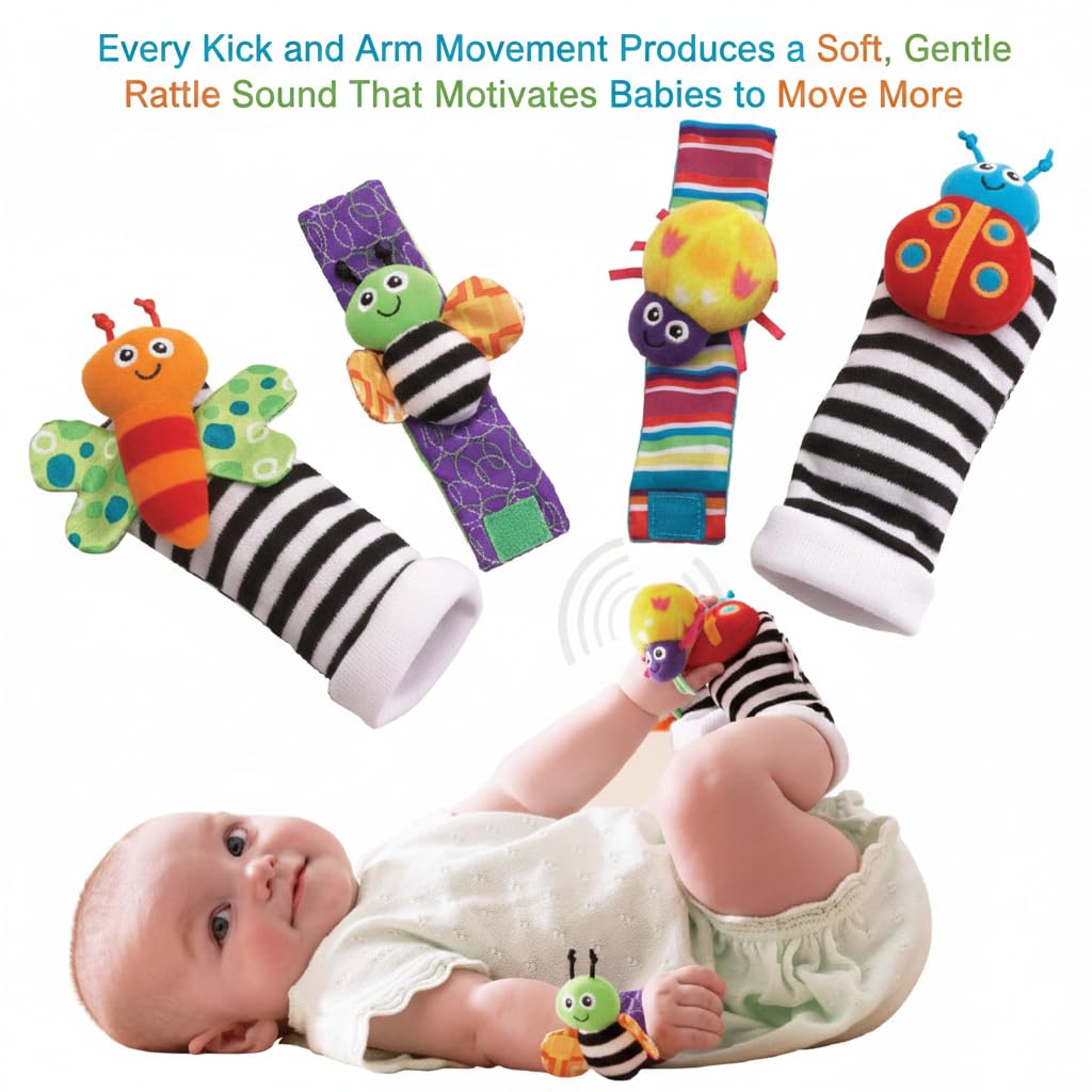 UCRAVO Baby Wrist Rattle Socks & Foot Finder Set for Newborn Boys & Girls, High Contrast Black and White Infant Sensory Toys 0-12 Months, Soft Montessori Developmental Toy, Tummy Time Activity Gift