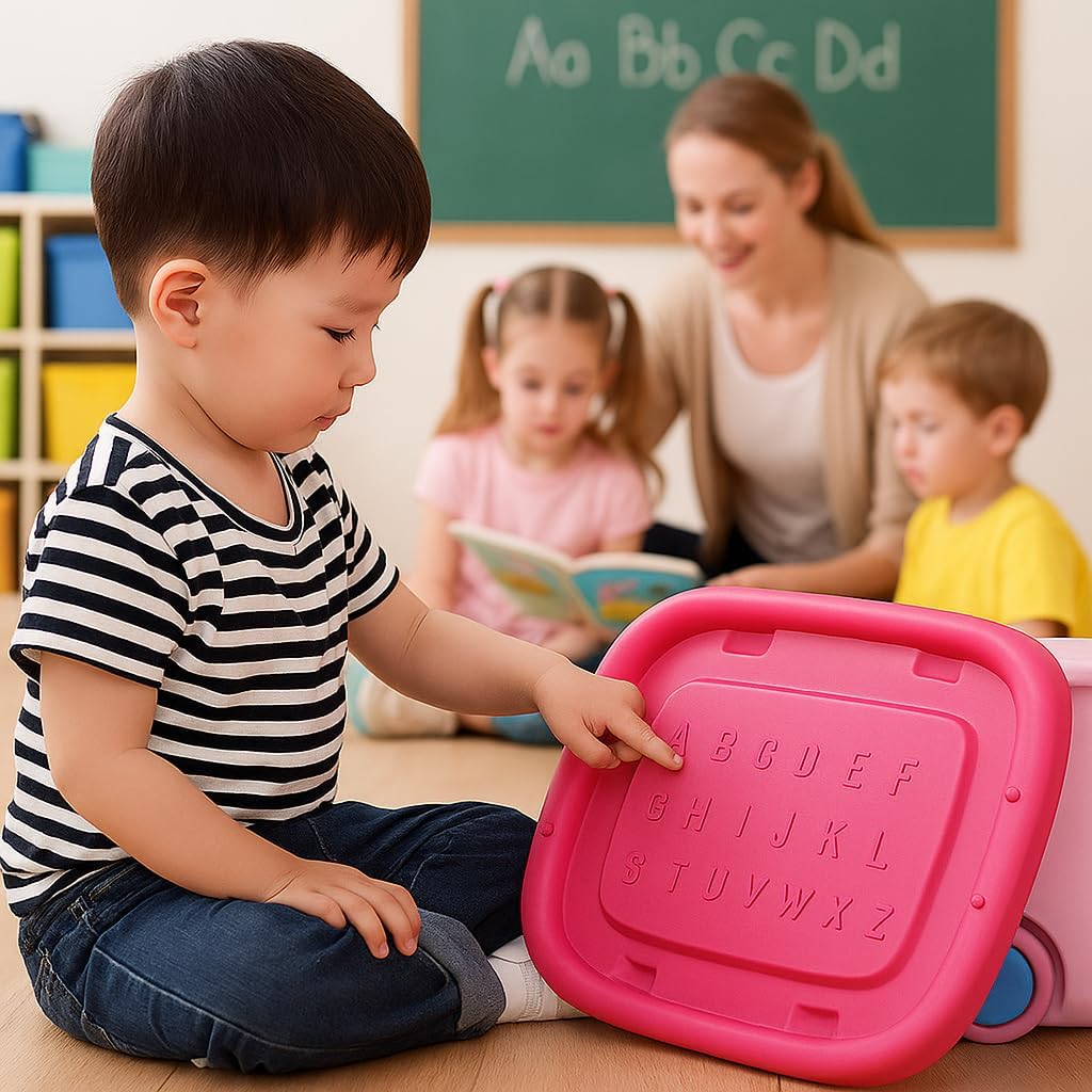 UCRAVO 45L Rolling Toy Storage Box with Wheels & Lid – Large Kids Storage Organizer, Stackable Plastic Storage Bin, Multi-Purpose Toy Container for Bedroom, Playroom & Home Organization