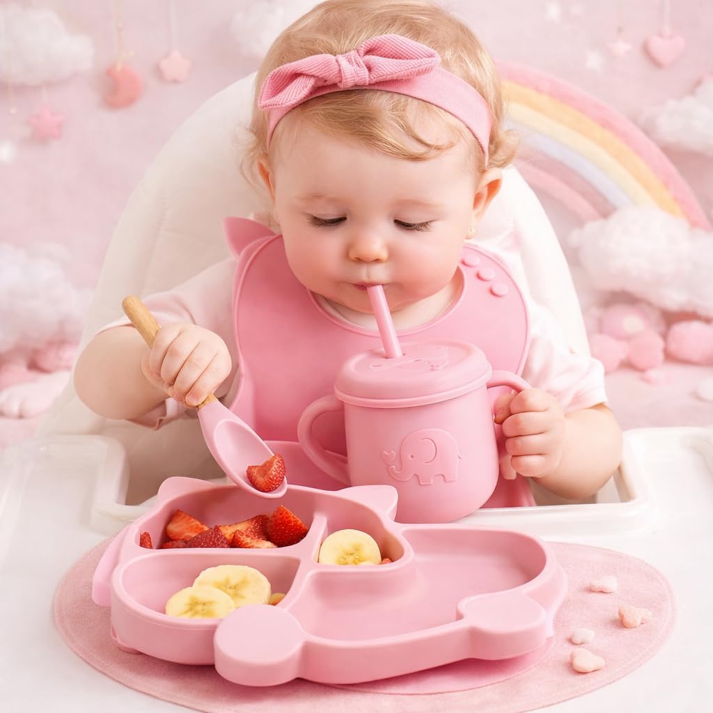 UCRAVO Pink Silicone Baby Feeding Set for Baby Girls 6 PS Baby Led Weaning Kit with Bowl & Animal Shape Divided Plate,Adjustable Food Catcher Bib,Leak Proof Straw Sippy Cup,Soft Silicone Spoon & Fork