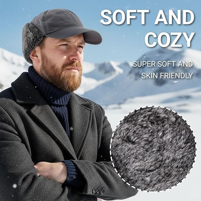UCRAVO Winter Trapper Hat for Men - Warm Thermal Fur Bomber Hats | Insulated Baseball Cap with Ear Flap & Face Cover | Windproof Waterproof Winter Cap for Skiing, Hiking, Hunting & Extreme Cold Black