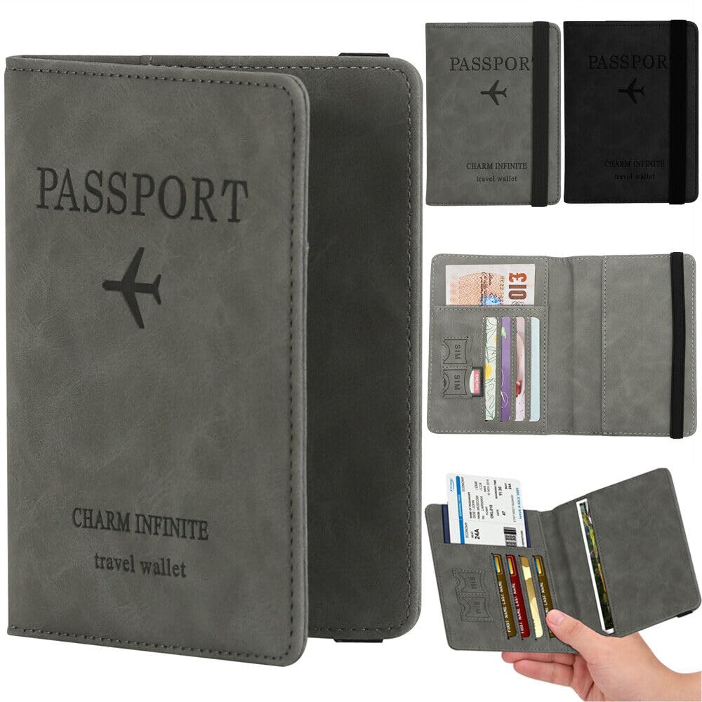 UCRAVO Passport and Card Holder Cover, PU Leather Travel Wallet RFID Passport Holder for Women and Men, Exquisite RFID Blocking Wallet Elastic Strap, Portable Passport Case for Business, Travel(Gray)