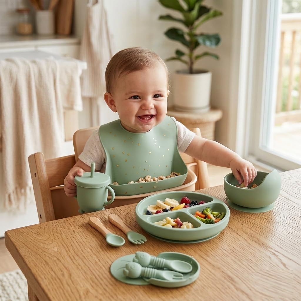 UCRAVO Baby Silicone Feeding Set Green 9PCS Baby Led Weaning Set with Adjustable Silicone Bib, Suction Divided Plate, Suction Bowl, Training Cup with Straw,Spoon Fork Set,BPA Free Toddler Feeding Set