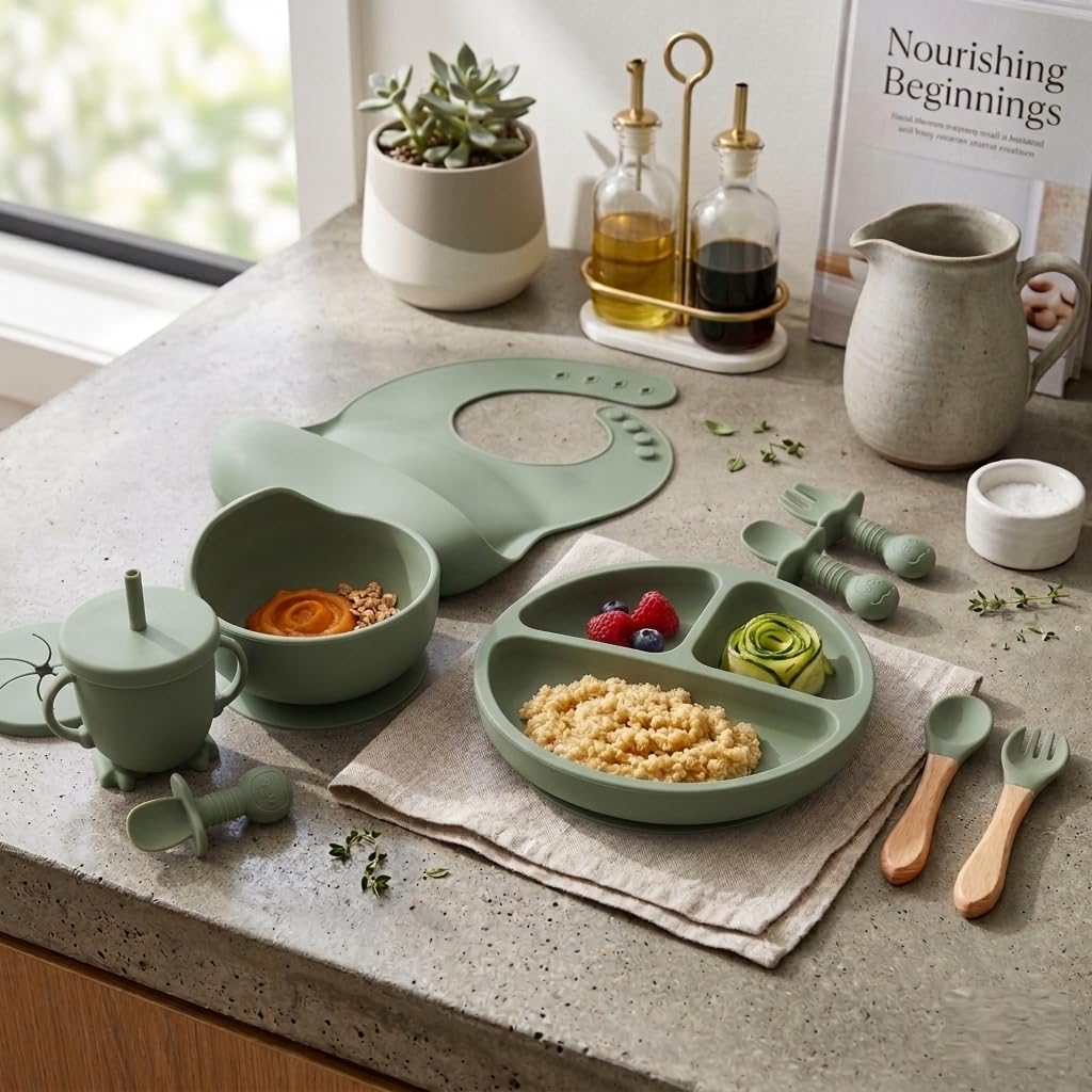 UCRAVO Baby Silicone Feeding Set Green 9PCS Baby Led Weaning Set with Adjustable Silicone Bib, Suction Divided Plate, Suction Bowl, Training Cup with Straw,Spoon Fork Set,BPA Free Toddler Feeding Set