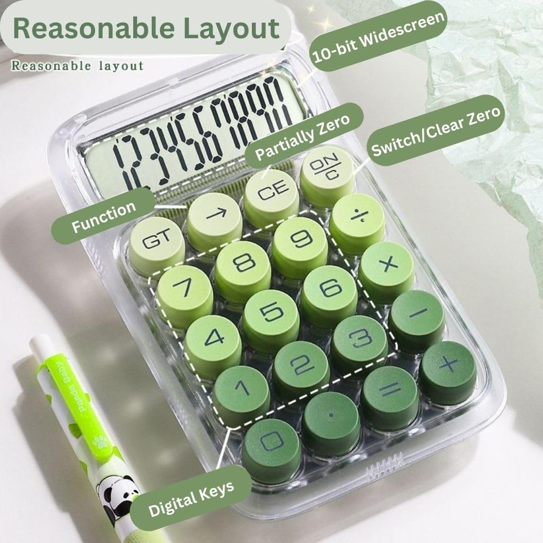 UCRAVO Clear Green Calculator, 10-Digit Desktop Adding Machine, Green Mechanical Round Buttons, Transparent Aesthetic Keypad, Small Basic for Office & School