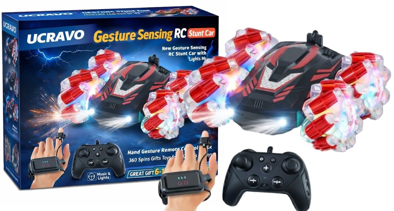 UCRAVO Gesture Sensing RC Stunt Car for Kids 6-12 Years, 360° Rotating Remote Control Car with Hand Gesture Watch, Double Sided Drifting Monster Truck, LED Lights Music, Rechargeable Toy Car Gift