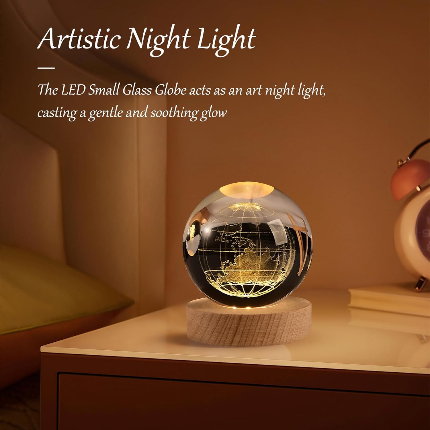 UCRAVO 3D Earth Crystal Ball Night Light Glass Ball Night Lamp with Wooden Base Fantasy Decoration Crsytal Ball LED Galaxy Planet Nightlight Bedroom Decor for Multipurpose Warm White Light(Globe)