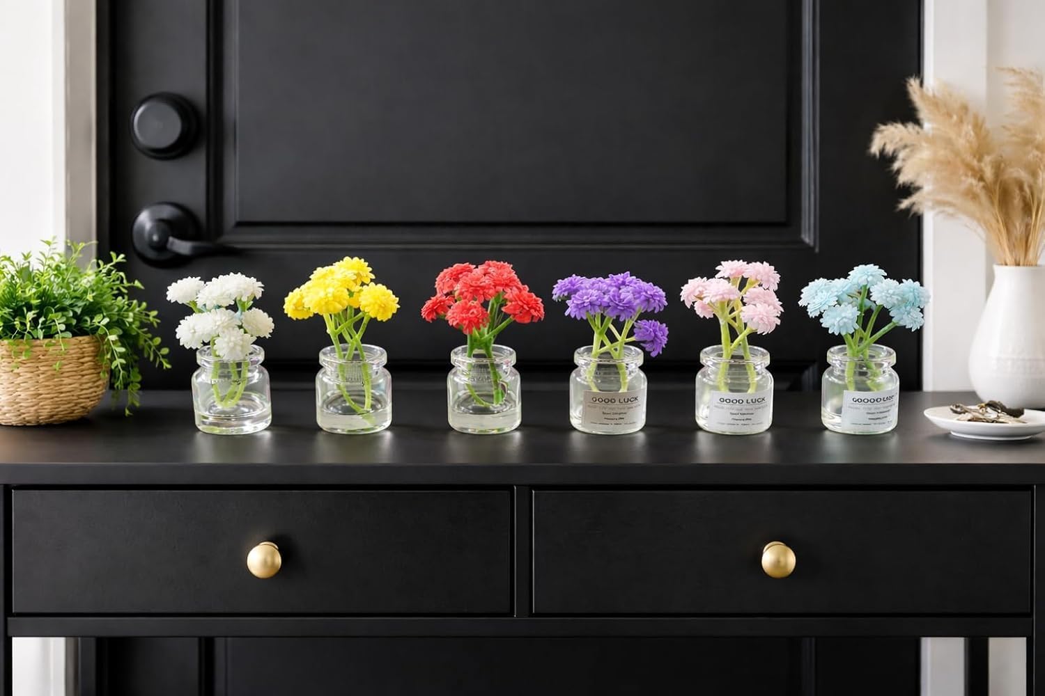 UCRAVO Mini Artificial Flower Vase Set of 6 – Small Glass Bud Vases with Faux Flowers – Decorative Clear Bottle Vases for Living Room, Bedroom, Office Desk, Coffee Table, Rustic Farmhouse Home Decor (pack of 6)