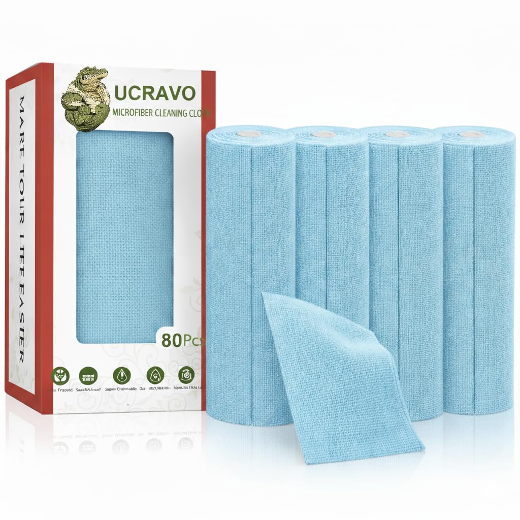 UCRAVO 4 Roll 80pcs Skyblue Microfiber Cleaning Cloth Roll - Pre-Cut Tear Away Multipurpose Cleaning Rags | Highly Absorbent Reusable & Washable | Kitchen Cloth for Cleaning Car & Home Lint-Free