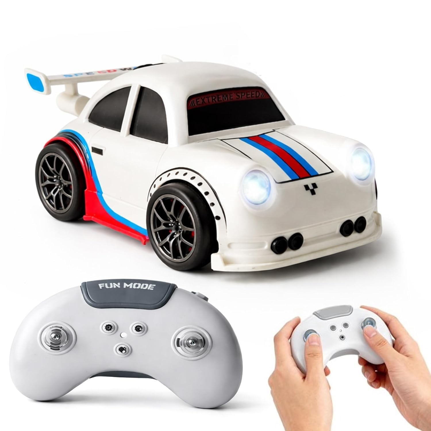 UCRAVO 2.4GHz Mini RC Car for Kids, Remote Control Racing Car with LED Lights & Sound, 360° Drift Stunt Toy, Follow & Escape Mode Sensor Control, High Speed Small RC Toy Car Gift for Boys Girls