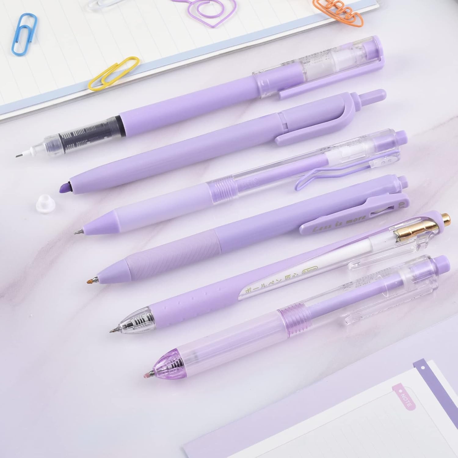 UCRAVO 5 Pcs Gel Pens and 1Pc Highlighter, Quick Dry Blue Ink Pen Fine Point Black 0.5mm, Aesthetic Stuff Retractable Rolling Ball Pen Smooth Writing for School Supplies Journaling (Purple)