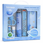 UCRAVO 24 PCS Stationery Gift Set for Kids, Student School Supplies Box Kit with Pencil,Eraser, Sharpener,Scale,Scissors, Ruler & Pencil Case Cute Stationary Combo Set for Boys Girls Study Essentials