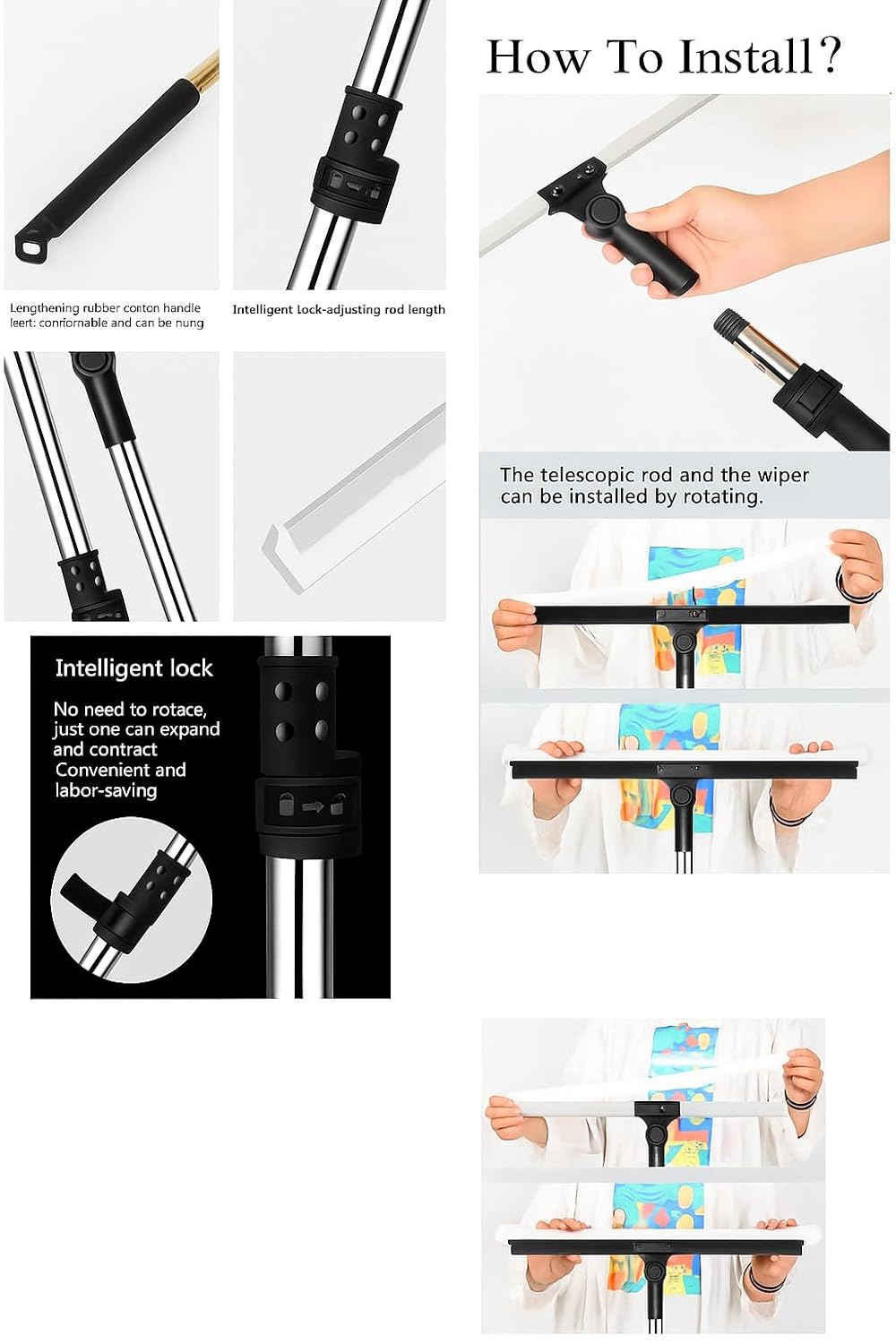 UCRAVO 50-inch Multifunctional Magic Broom Floor Squeegee with Long Handle Adjustable and Silicone Strips, Floor Washer with 180 Degree Rotating Squeegee Broom for Cleaning Floor, Bathroom, Kitchen