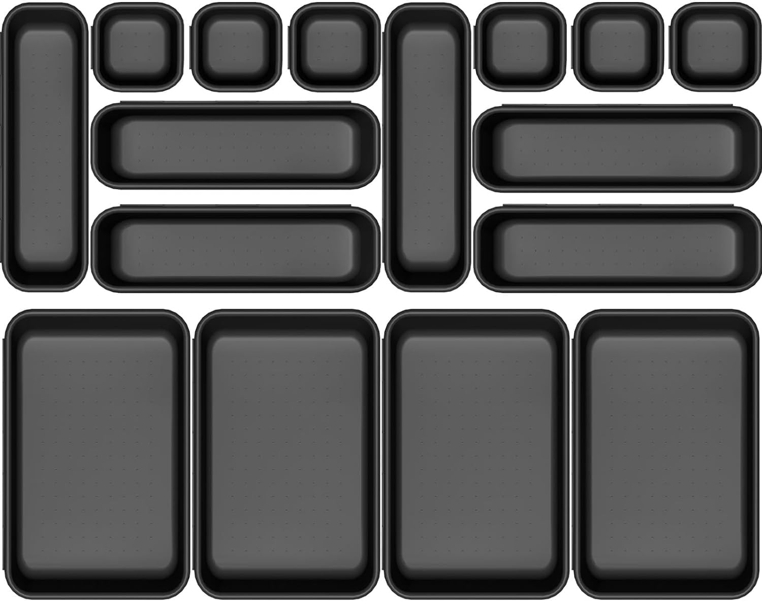 UCRAVO 16 PCS Black Desk Drawer Organizer Set for Office,Home,Kitchen & Makeup Multi-Size Plastic Drawer Dividers for Stationery,Cosmetics,Utensils Storage Trays for Neat, Tidy & Clutter-Free Drawers