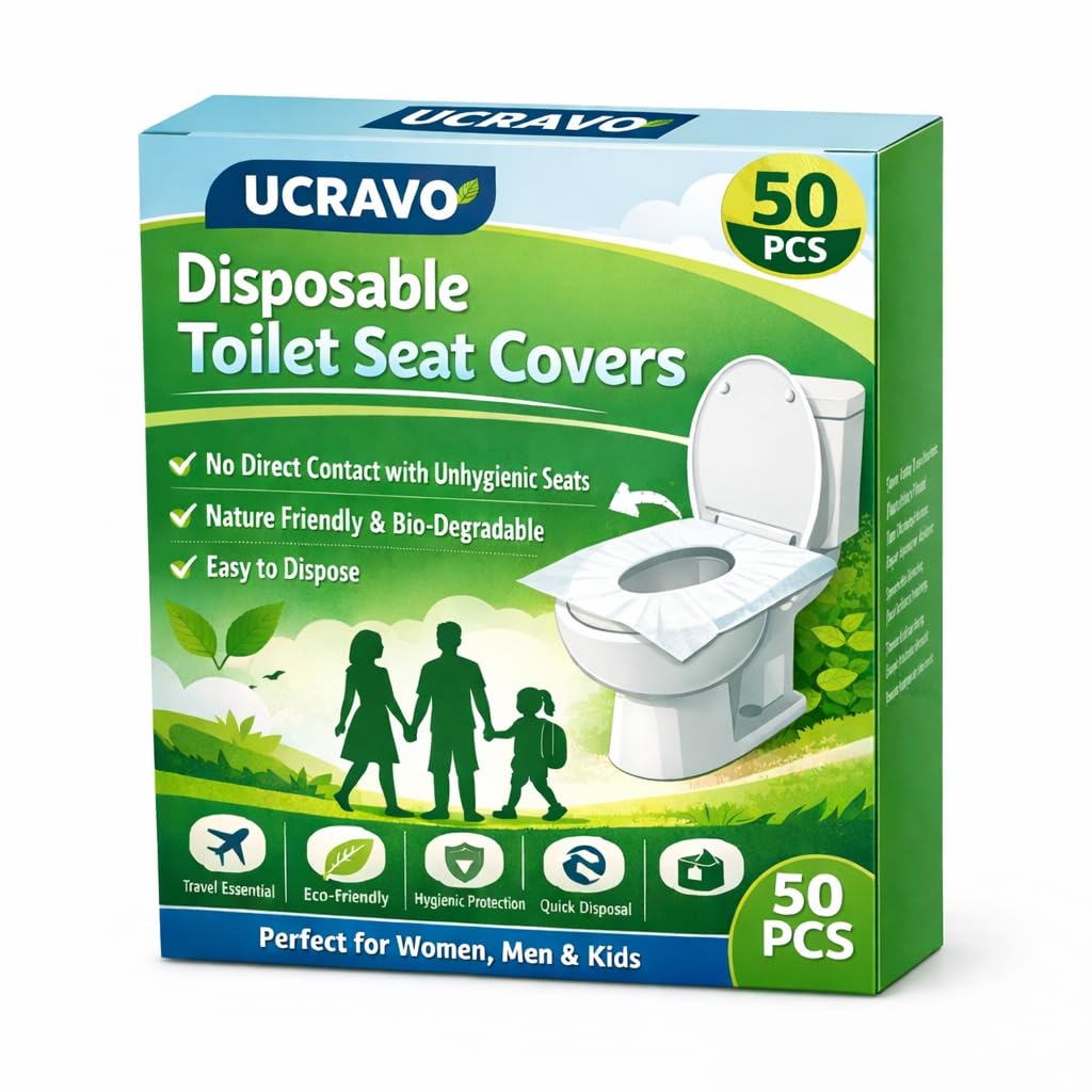 UCRAVO 50 Sheets Disposable Paper Toilet Seat Covers for Women & Men - No Toilet-Borne Diseases | Water-Resistant Comfortable & Hygienic | Easy to Carry & Use Eco-Friendly | Must for Outdoors & Travel