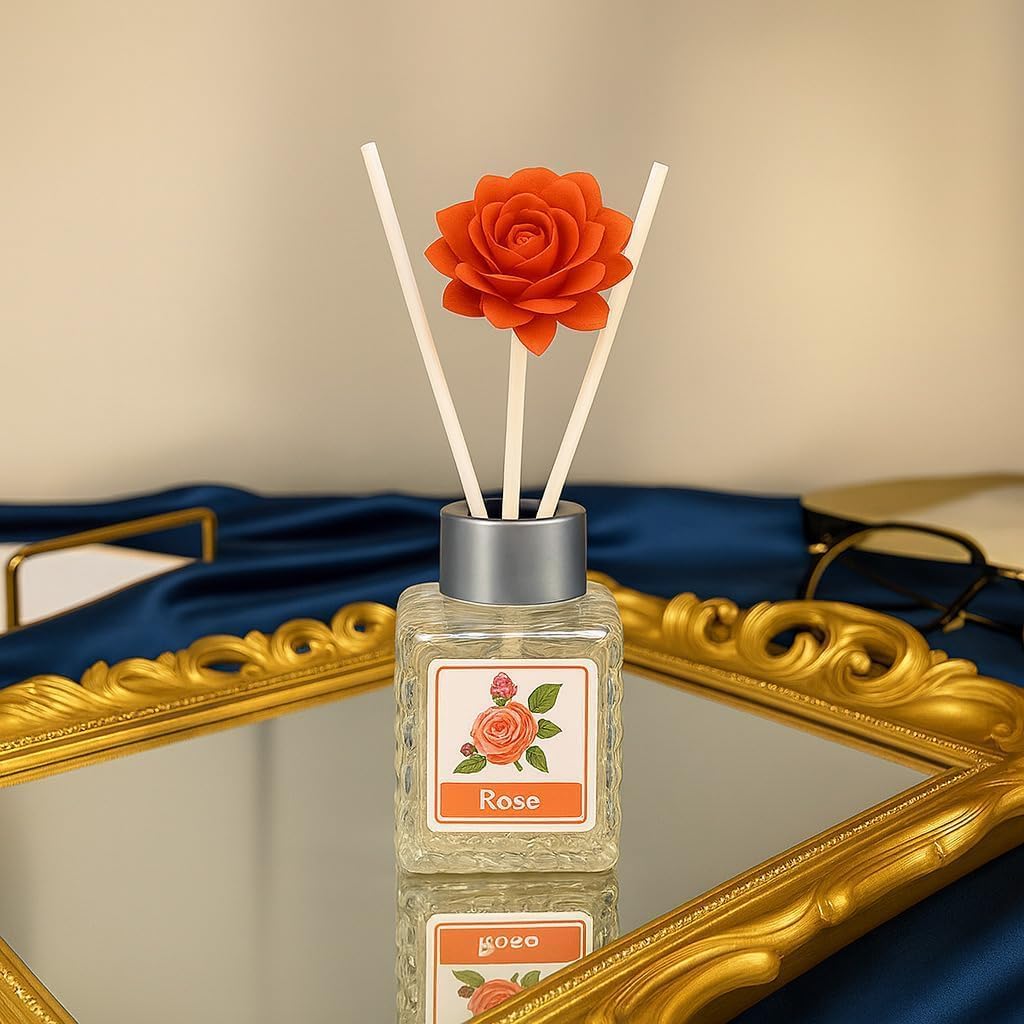 UCRAVO 50ML Rose Reed Diffuser for Home & Office | Long Lasting Roses Aroma Diffuser Oil | Floral Home Fragrance Reed Diffuser | Natural Rose Scented Room Freshener | Aromatherapy Diffuser Set (1 Pc)